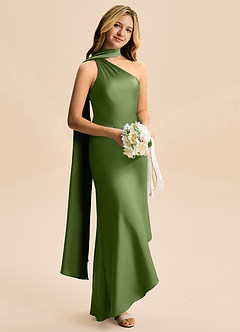 Azazie Briony Junior Juniper Sheath Pleated Stretch Satin Dress image4