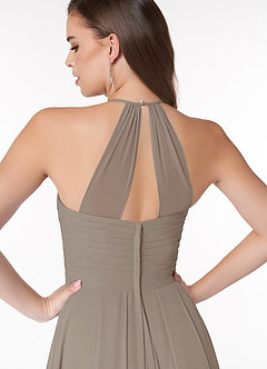 Azazie Ginger Bridesmaid Dresses Taupe A-Line Halter Pleated Chiffon Dress image3
