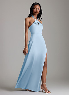 Azazie Tracie Bridesmaid Dresses Powder Blue A-Line Side Slit Stretch Satin Dress image3
