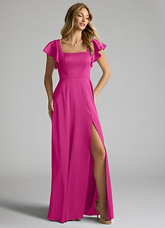 Azazie Bondi Bridesmaid Dresses Fuchsia A-Line Bow Stretch Satin Dress image1