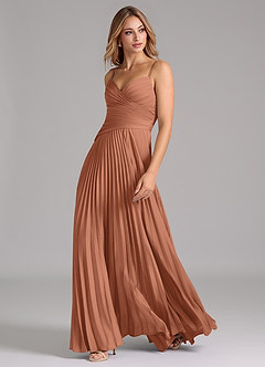 Azazie Vini Vestidos de damas de honor Vestido de Bronceador de Satén Elástico de Corte en A con Plisado image5