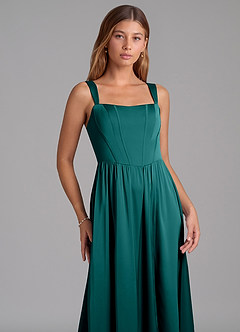 Azazie Rosaline Bridesmaid Dresses Peacock A-Line Side Slit Stretch Satin Dress image6