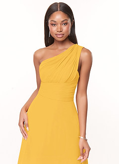 Azazie Ashley Bridesmaid Dresses Marigold A-Line Ruched Chiffon Dress image5
