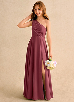 Azazie Puddles Girls Formal Robe Demoiselle D'honneur Fillette Robe Trapèze en Mousseline de soie Une épaule Merlot image3