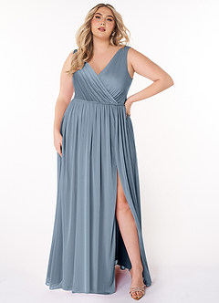 Azazie Tanicia Brautjungfernkleider A-Linie V-Hals Gefaltet Gittergewebe Kleid Staubblau image5