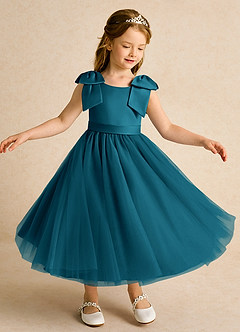 Azazie Serene Flower Girl Dresses Ink Blue Ball-Gown Bow Matte Satin Dress image4