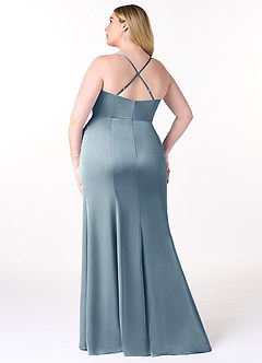 Azazie Marzia Vestidos de damas de honor Vestido de Azul Polvoriento de Satén Elástico de Corte Recto con Cuello V Plisado image8