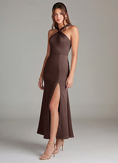 Azazie Rue Robes de demoiselle d'honneur Robe Sirène en Satin extensible Plissée Ganache image4
