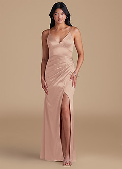 Azazie Shania Bridesmaid Dresses English Rose Sheath Pleated Metallic Satin Dress image1