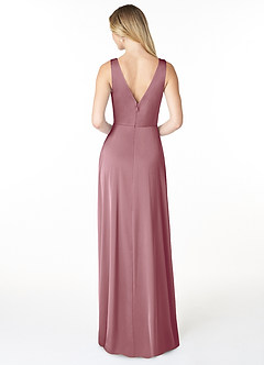 Azazie Nelly Bridesmaid Dresses Vintage Mauve A-Line V-Neck Pleated Stretch Satin Dress image2
