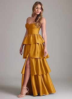 Azazie Faye Bridesmaid Dresses Butterscotch A-Line Ruched Stretch Satin Dress image3