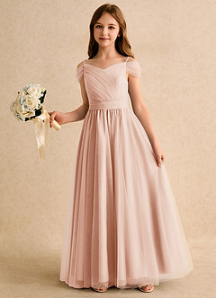 Azazie Yuna Girls Formal Jurken voor bloemenmeisjes A-Lijn Jurk van Tule Off the Shoulder Engelse Roos image5