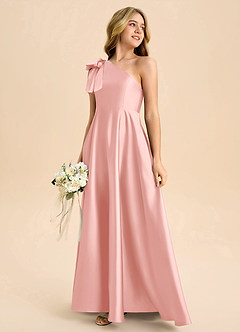 Azazie Penguin Junior Robe Trapèze en Satin extensible Arc Rose Poudré image6