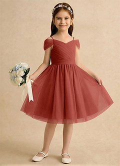 Azazie Lila Girls Formal Robe Demoiselle D'honneur Fillette Robe Trapèze en Tulle Épaule décolletée Terracotta image4