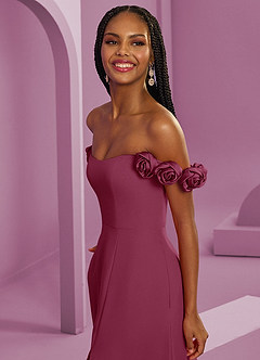 Barbie ♥ Azazie Suknie dla druhen Rozkloszowana szyfonowa sukienka z odkrytymi ramionami i kwiatowymi rozetkami image5