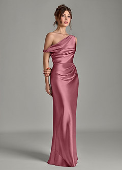 Azazie Emerson Bridesmaid Dresses Desert Rose Mermaid Off the Shoulder Metallic Satin Dress image5