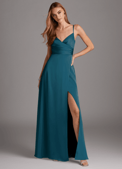 Azazie Calissa Final Sale Ink Blue A-Line V-Neck Pleated Stretch Satin Dress image3