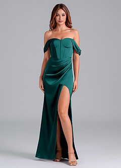 Azazie Asha Bridesmaid Dresses Peacock Sheath Off the Shoulder Stretch Satin Convertible Dress image1