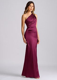 Azazie Akilah Bridesmaid Dresses Red Plum Mermaid One Shoulder Stretch Satin Dress image3
