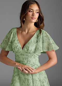 Azazie Kimber Bridesmaid Dresses Green Fern Floral A-Line Flounce Sleeve Chiffon Dress image5