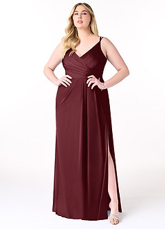 Azazie Aqua Bridesmaid Dresses Cabernet A-Line V-Neck Pleated Stretch Satin Dress image8