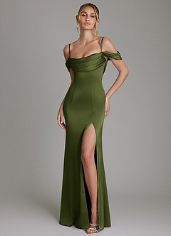 Azazie Nira Bridesmaid Dresses Olive Mermaid Corset Stretch Satin Dress image1