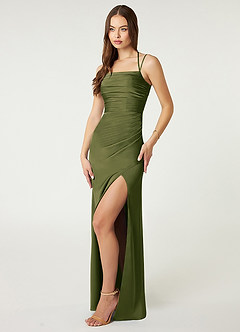 Azazie Desi Bridesmaid Dresses Bright Olive Sheath Halter Corset Stretch Satin Dress image4