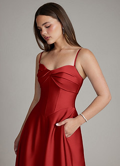 Azazie Meleena Bridesmaid Dresses Pomegranate A-Line Strapless Stretch Satin Dress image2