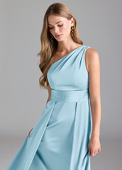 Azazie Dallas Vestidos de damas de honor Vestido de Azul Cielo de Satén Elástico de Corte en A con Hombro unilateral image6