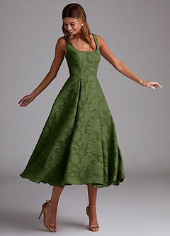 Azazie Amalie Bridesmaid Dresses Olive A-Line Pleated Floral Burnout Dress image3