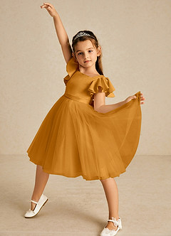 Azazie Kaeya Flower Girl Dresses Butterscotch A-Line Bow Tulle Dress image2