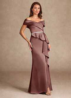 Azazie Dareia Mother of the Bride Dresses Espresso Mermaid Off the Shoulder Stretch Satin Dress image4