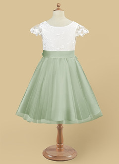 Azazie Vetty Flower Girl Dresses Ivory Dusty Sage A-Line Lace Tulle Dress image9