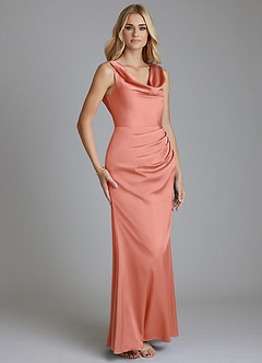 Azazie Tallie Bridesmaid Dresses Coral Mermaid Pleated Stretch Satin Dress image7