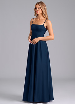 Azazie Elita Bridesmaid Dresses Dark Navy A-Line Pleated Stretch Satin Dress image4