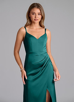 Azazie Leo Bridesmaid Dresses Peacock Sheath Pleated Stretch Satin Dress image3