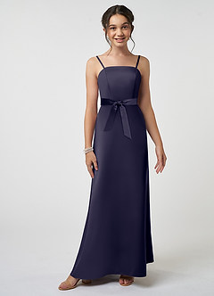 Azazie Anina Junior Robe Trapèze en Satin extensible Arc Bleu Orageux image3