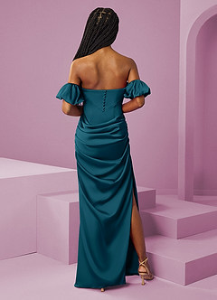 Barbie ♥ Azazie Jurken voor bruidsmeisjes Converteerbaar Jurk van Stretch Satijn met Kolom Off the Shoulder Inkt Blauw image9