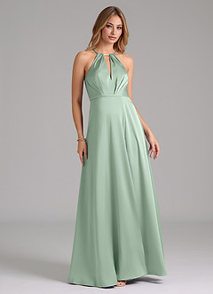 Azazie Evalleen Bridesmaid Dresses Agave A-Line Pleated Stretch Satin Dress image3