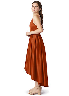 Azazie Jemima Junior Vestido de Naranja Quemada de Satén Elástico de Corte En A con Con bolsillos image3