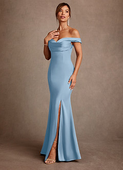 Azazie Boone Abiti per la Madre della Sposa Abito Sirena in Raso Elasticizzato a Spalla Scoperta Azzurro Polvere image4