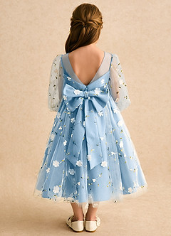 Azazie Elowen vestidos de niña de las flores Vestido Azul Acero de Encaje de Línea A con Escote corazón image2