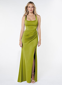 Azazie Mero Vestidos de damas de honor Vestido de Hierba De Limón de Satén Elástico de Corte Sirena con Plisado image1