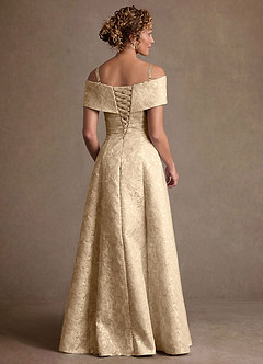 Azazie Harriett Mother of the Bride Dresses Champagne A-Line Off the Shoulder Floral Jacquard Dress image4
