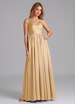 Azazie Keyla Bridesmaid Dresses Gold A-Line Pleated Stretch Satin Dress image5