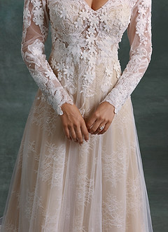 Azazie Leila Wedding Dresses Diamond White Nude A-Line V-Neck Sequins Tulle Dress image7