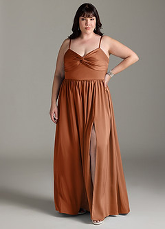 Azazie Zeya Bridesmaid Dresses Copper A-Line Pleated Stretch Satin Dress image9
