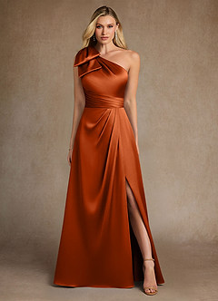 Azazie Easton Mère de la mariée Robes Robe Trapèze en Satin extensible Une épaule Orange Brûlée image1