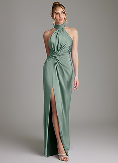 Azazie Gracelynn Bridesmaid Dresses Silver Sage Sheath Pleated Stretch Satin Dress image1