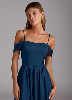 Azazie Calianna Bridesmaid Dresses Dark Navy A-Line Off the Shoulder Stretch Satin Convertible Dress image2